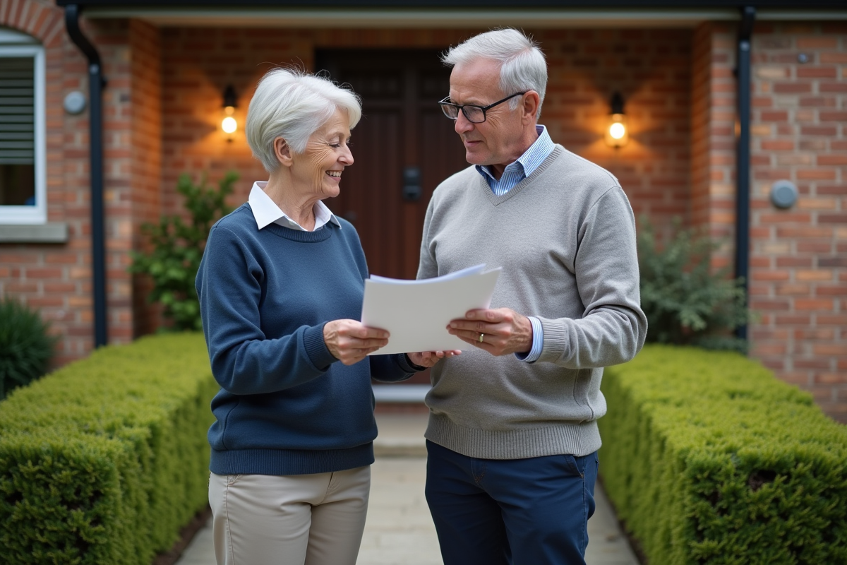 Couple mature discute assurance devant leur maison