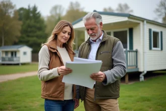 Couple d'âge moyen devant un mobilhome en campagne