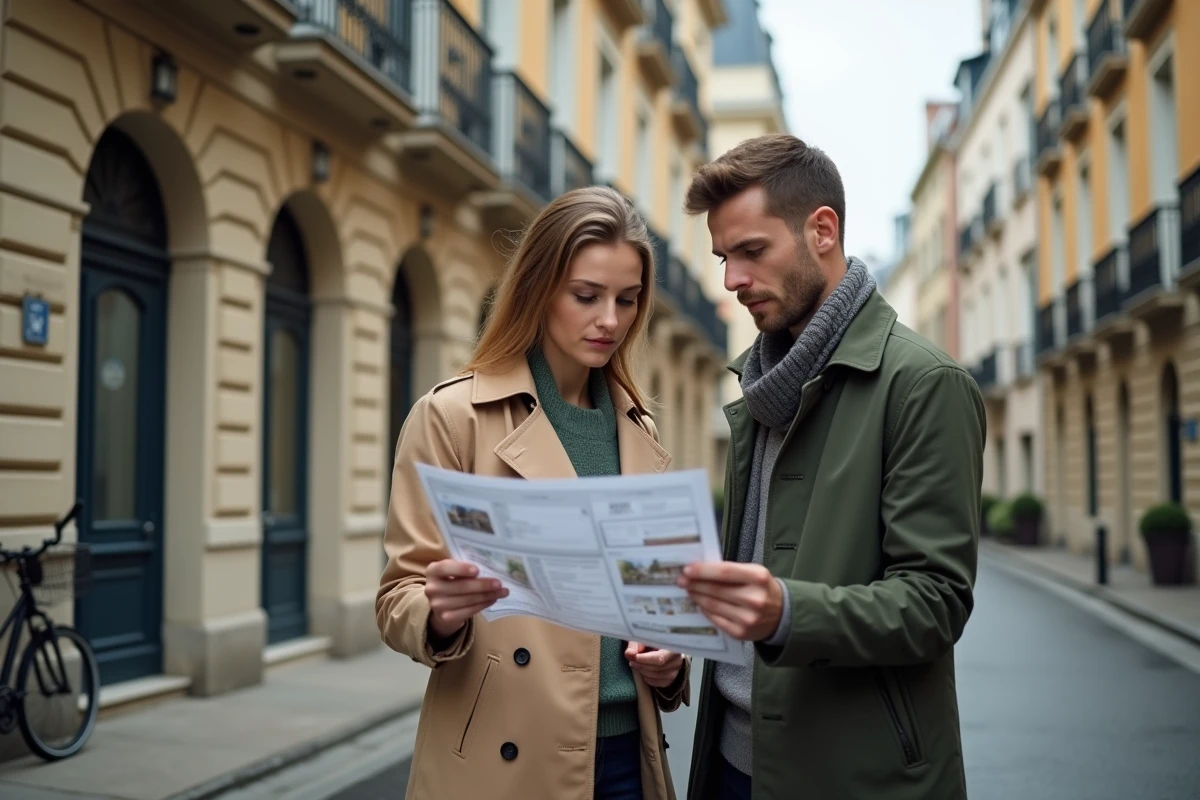 Couple étudiant une annonce immobilière dans une rue typique de Lyon pour un projet d'investissement