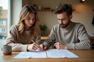 Couple analysant des documents immobiliers après le refus d'une offre d'achat de maison
