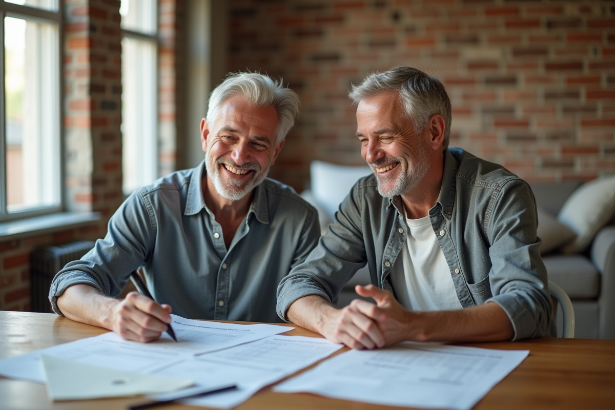 Couple souriant dans appartement rénové avec plans et documents
