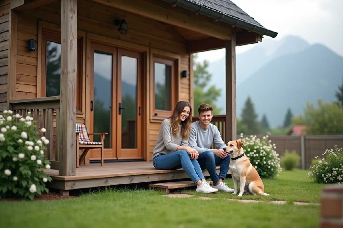 Jeune couple avec chien devant maison rurale en montagne