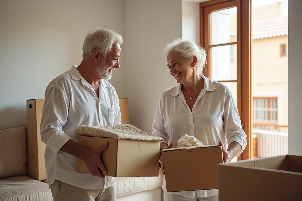 Couple senior souriant dans leur appartement lumineux à Essaouira