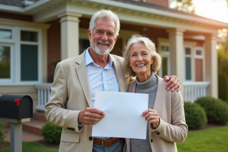 Couple senior souriant tenant des documents devant leur maison