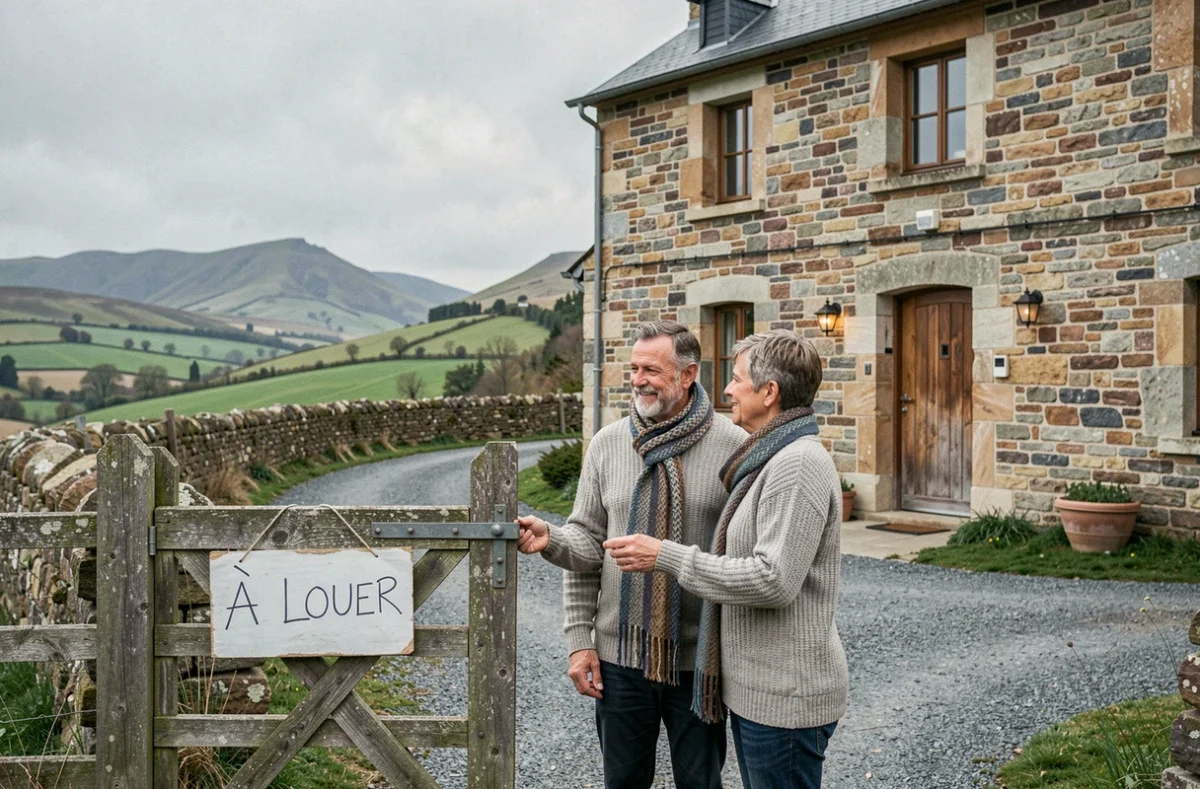 Couple visitant une maison à louer à la campagne en Haute-Loire, département 43, avec panneau À Louer sur portail en bois