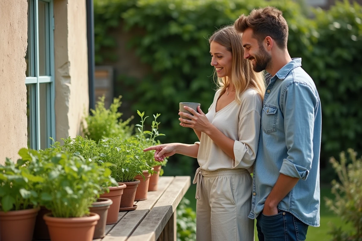 Couple visitant une petite maison avec jardin à louer dans l'Eure en Normandie