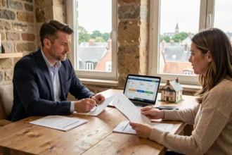 Un courtier immobilier en Bretagne conseille un couple lors d'une consultation dans un bureau moderne avec vue sur les toits de Rennes