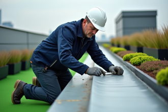 Couvreur inspectant une membrane sur un toit végétal urbain