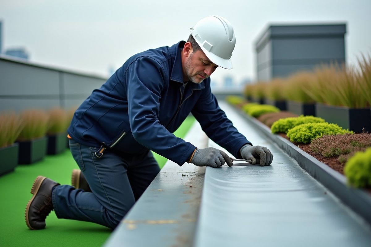 Couvreur inspectant une membrane sur un toit végétal urbain