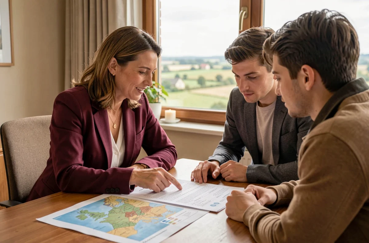 Une conseillère du Crédit Courtier de France en Ille-et-Vilaine présente un dossier de prêt immobilier à un jeune couple dans un bureau avec vue sur la campagne bretonne