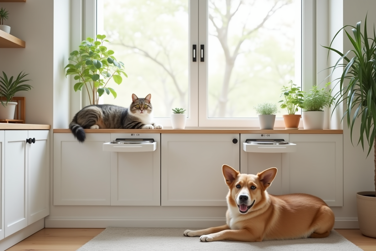Cuisine lumineuse avec stations pour chats et chiens
