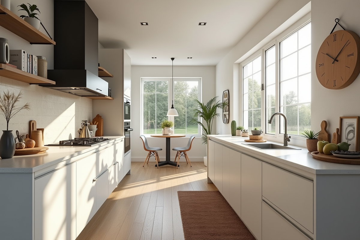 Cuisine moderne renovée avec appareils neufs et lumiere naturelle