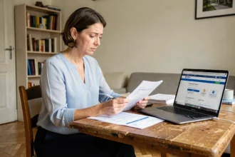 Femme consultant des documents de demande de logement social à Paris sur un bureau en bois avec un ordinateur portable ouvert