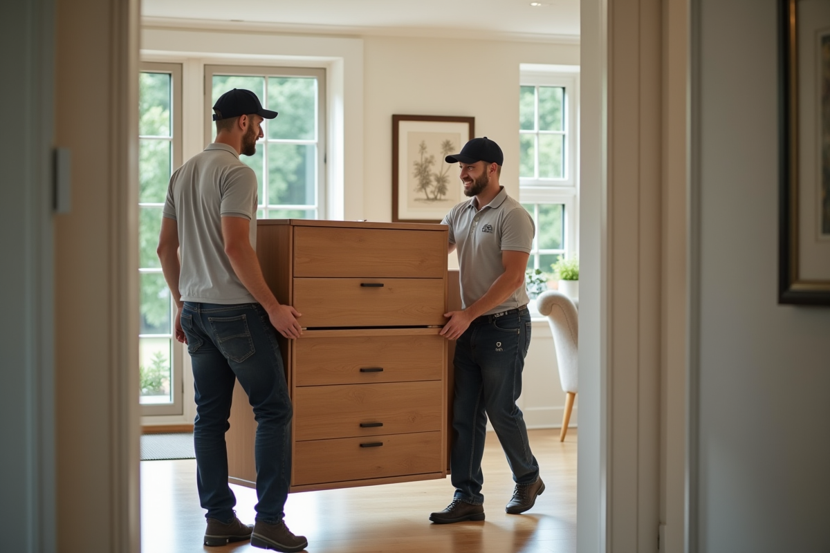 Deux déménageurs professionnels portant un grand meuble en bois