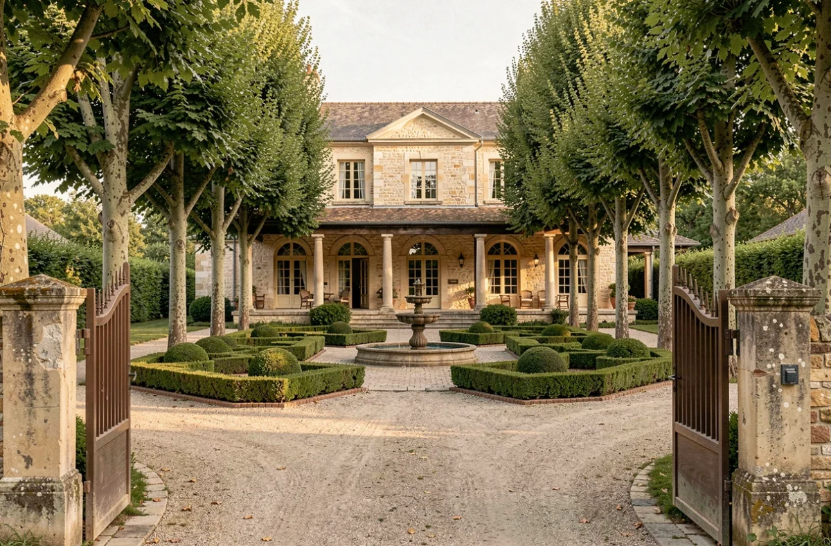Demeures de Provence bastide provençale de prestige avec colonnes en pierre, jardin à la française et allée de platanes