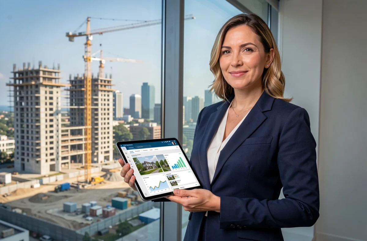 Directrice de programme immobilier consultant un tableau de bord SaaS sur tablette avec chantier en arrière-plan