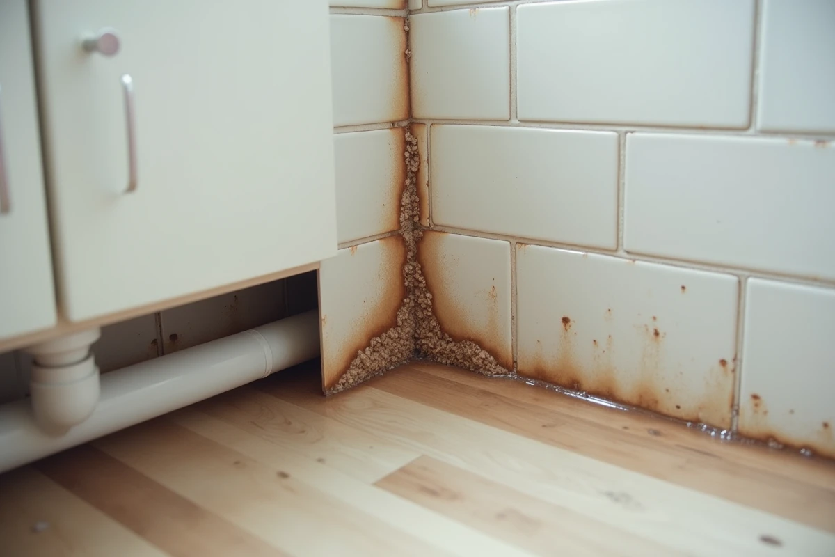 Détail de dégât des eaux dans une salle de bain de copropriété avec traces d'humidité sur carrelage et plancher gondolé