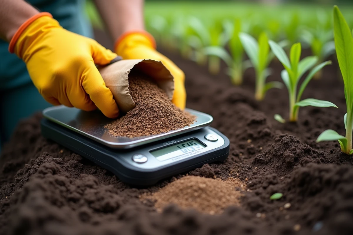 Mains dosant de l'engrais granulé sur une balance de cuisine posée dans un jardin pour respecter les doses par surface cultivée