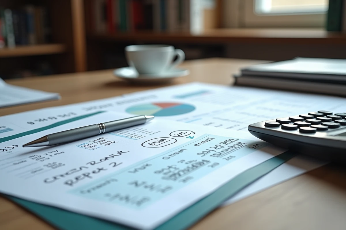 Dossier financier ouvert avec bilan comptable et notes manuscrites pour vérifier la solidité d'une entreprise de logement