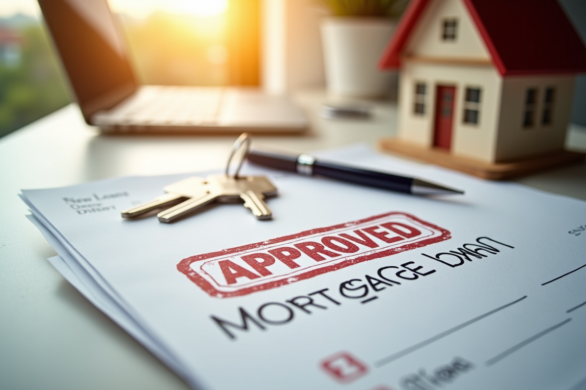 Dossiers de prêt immobilier approuves avec clés et stylo sur un bureau