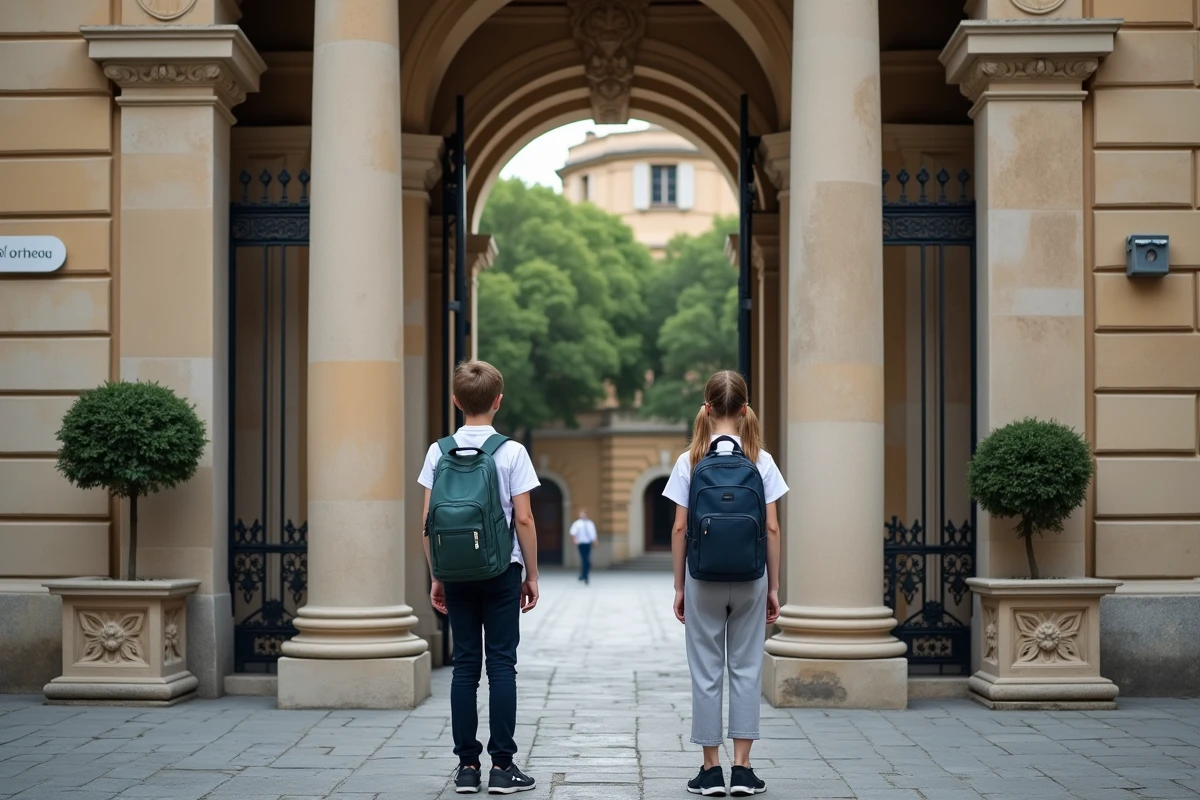 Deux élèves en uniforme devant l'entrée d'une école réputée de Marseille aux détails architecturaux classiques