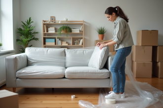 Femme enveloppant un canapé en plastique dans un salon lumineux