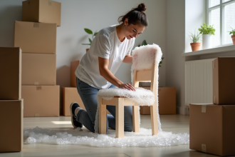 Personne emballant une chaise en bois dans un espace organisé