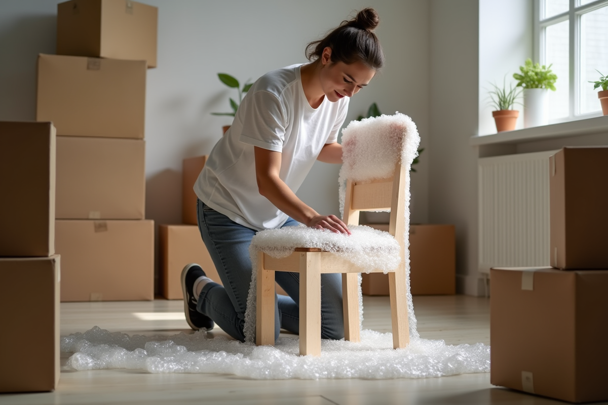 Personne emballant une chaise en bois dans un espace organisé