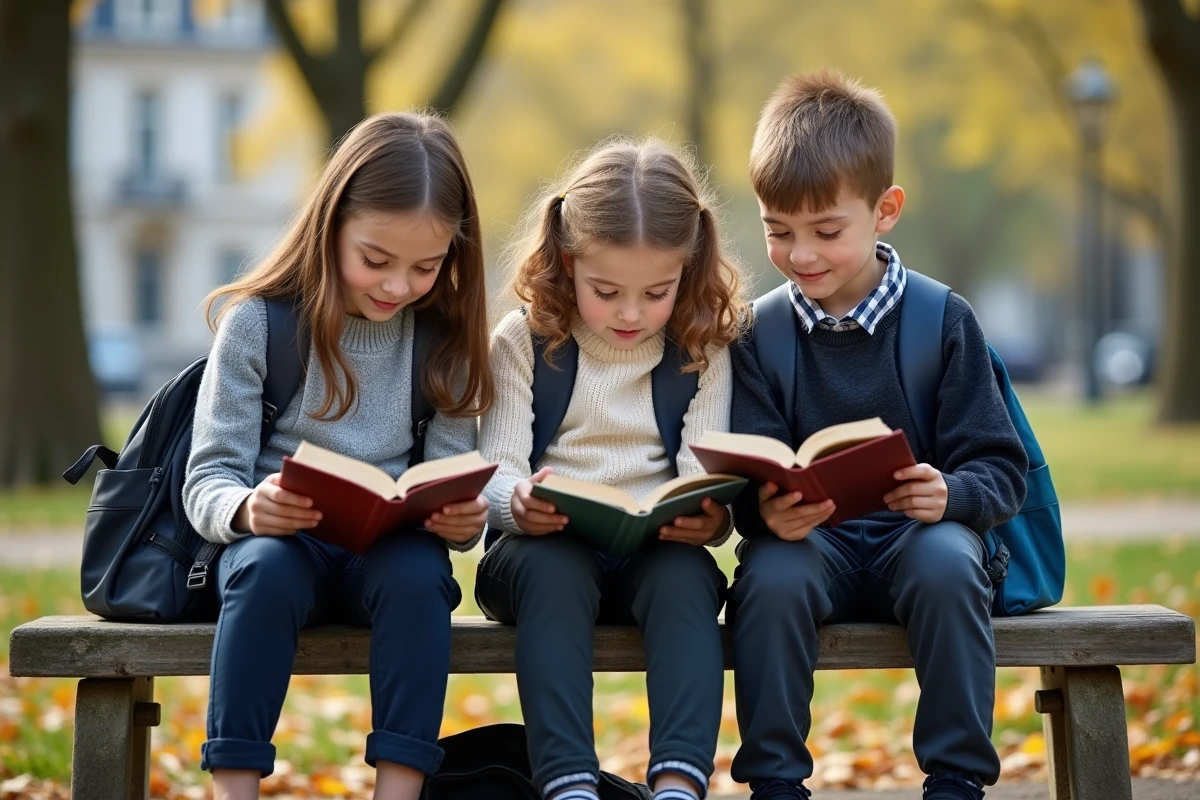 Enfants lisant sur un banc dans un parc à Saint Germain en Laye