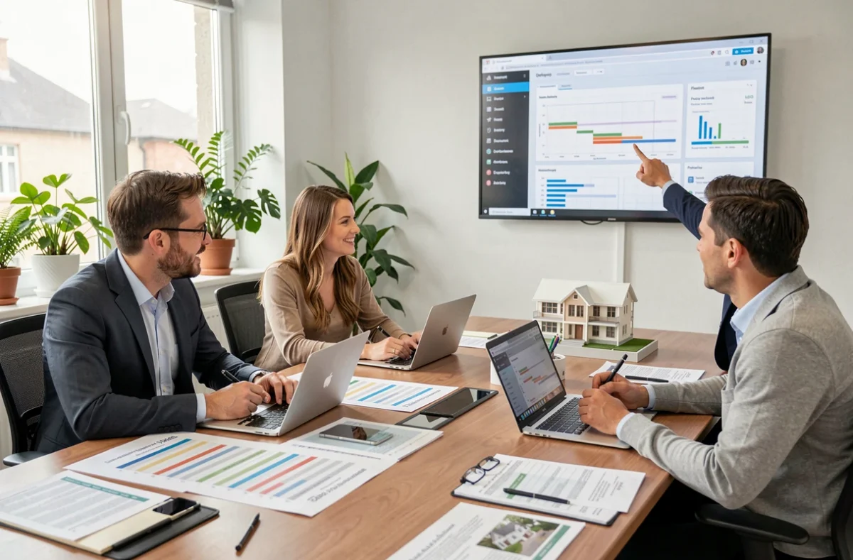 Équipe de promoteurs immobiliers en réunion autour d'un logiciel SaaS de gestion de projets immobiliers