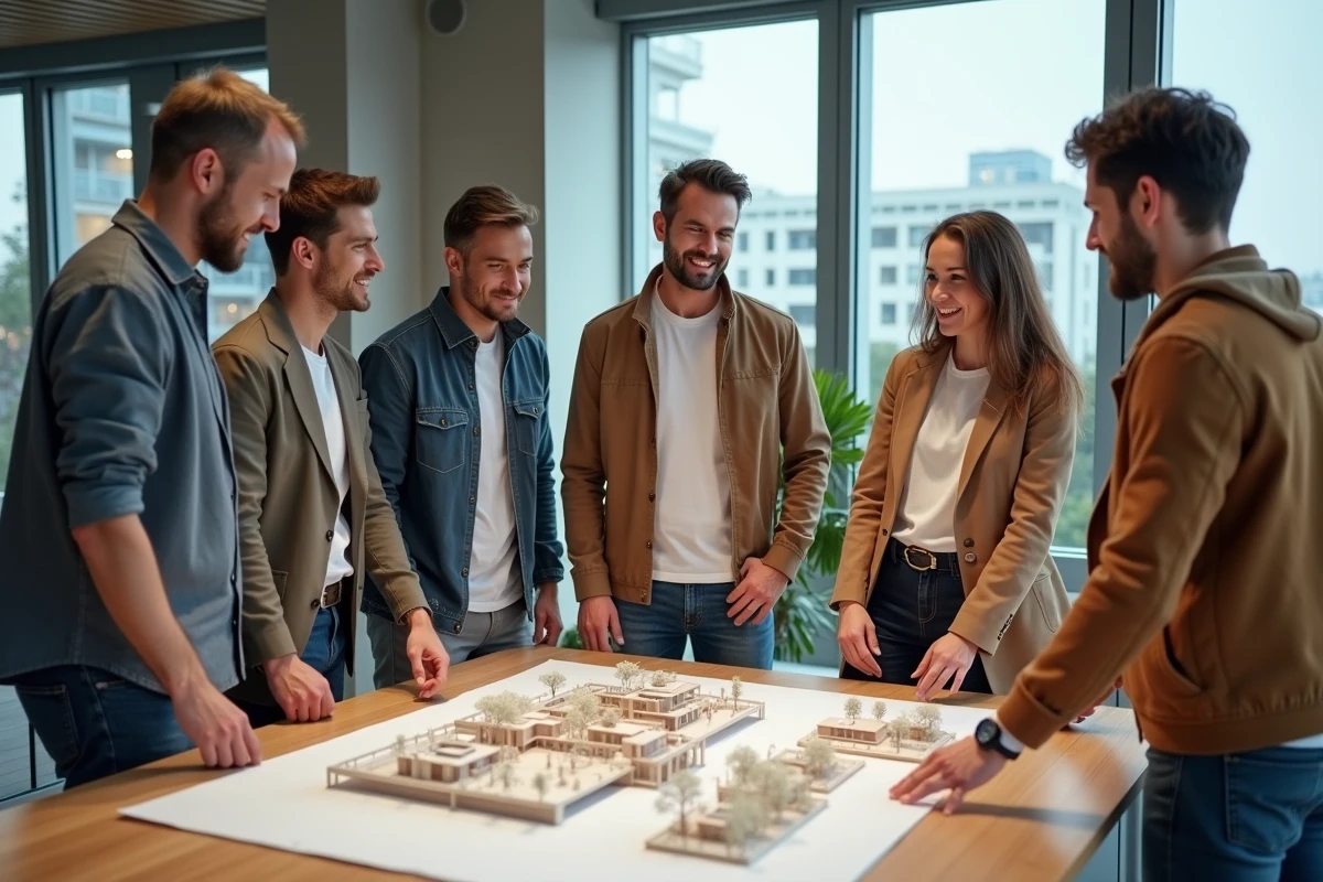 Groupe de professionnels avec modèle architectural en office
