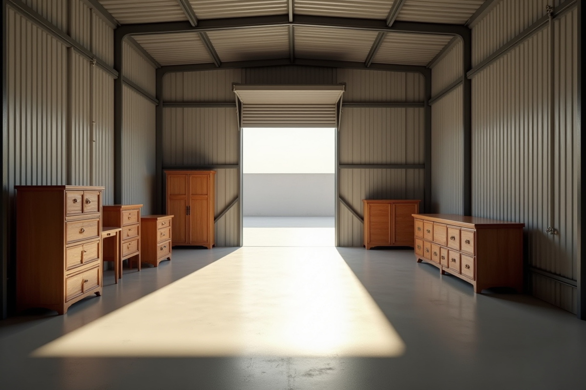 Espace de stockage vide avec meubles en bois exposés au soleil