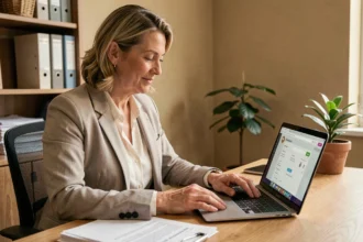 Femme consultant une estimation immobilière en ligne depuis son bureau à domicile avant de vendre son bien rapidement