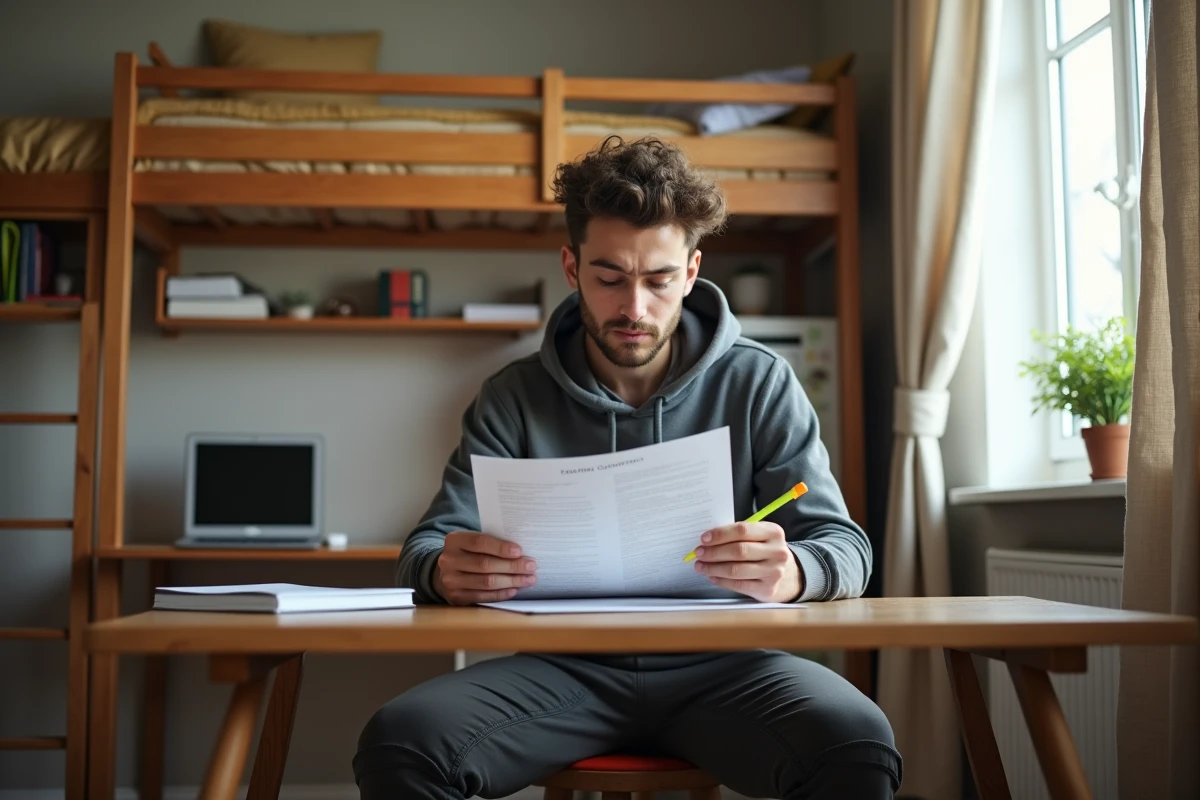 Étudiant lisant attentivement son contrat de location meublée pour vérifier la superficie minimale légale de sa chambre