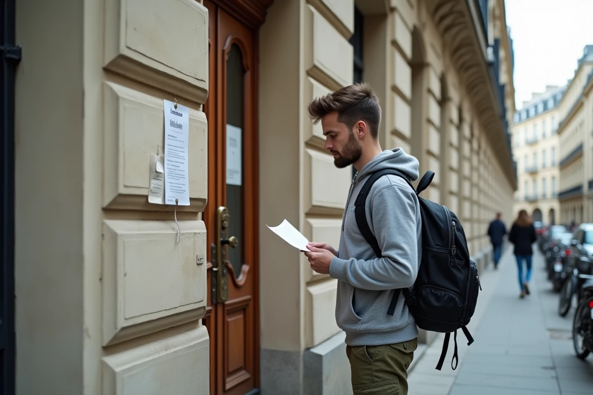 Étudiant lisant une annonce de location affichée sur un immeuble haussmannien à Paris