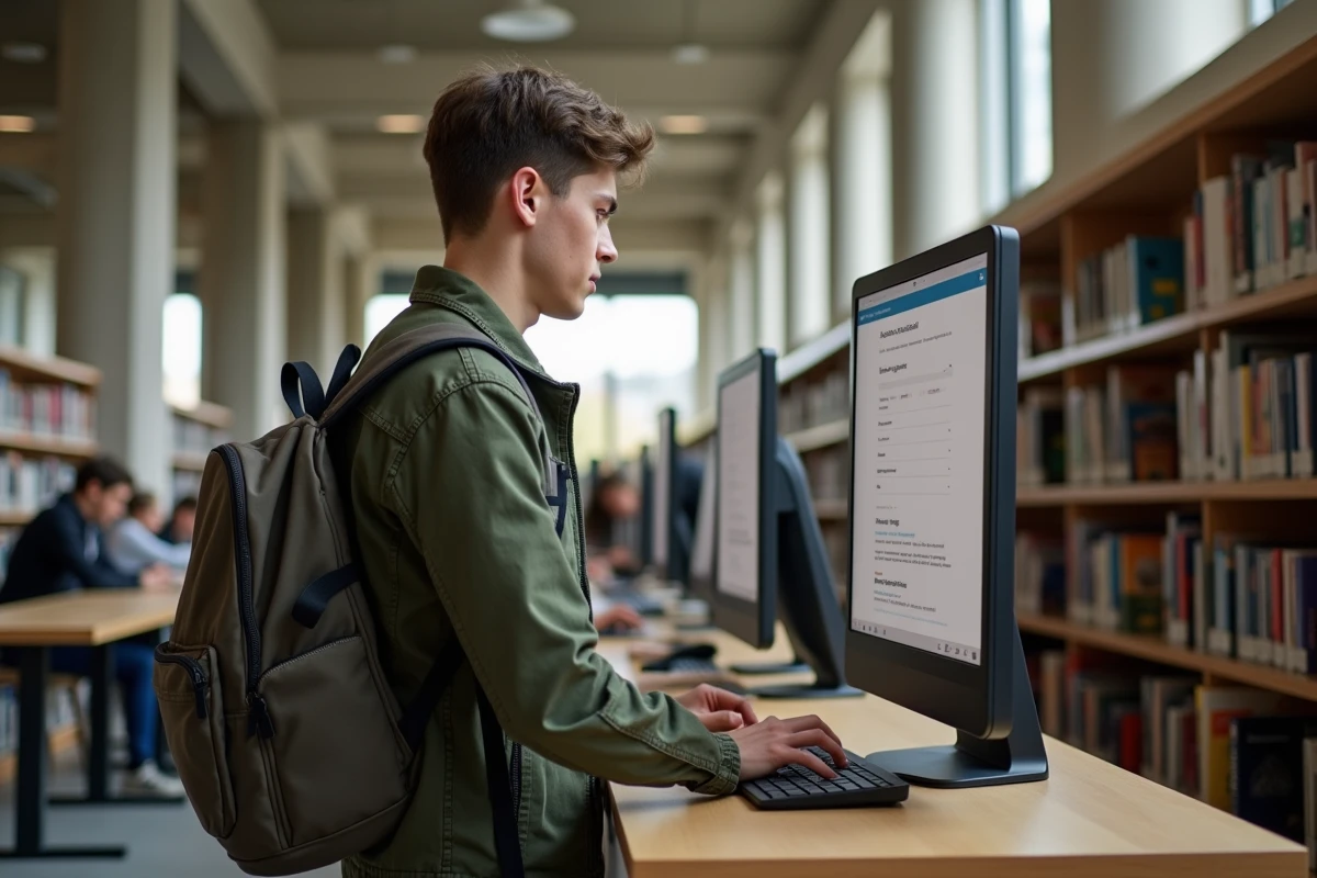 Étudiant utilisant un terminal informatique en bibliothèque universitaire pour accéder au webmail Convergence Toulouse