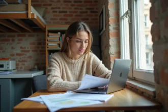 Étudiante parisienne consultant une annonce de logement social sur son ordinateur dans un studio compact