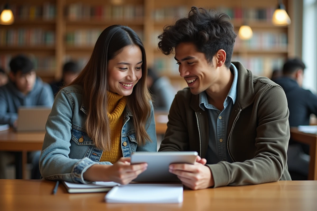 Deux étudiants recherchant ensemble une annonce de logement social compatible études dans une bibliothèque universitaire parisienne
