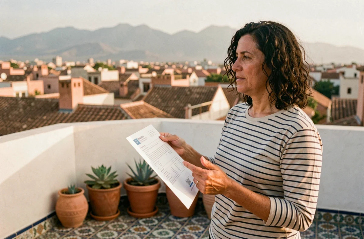 Femme évaluant un appartement à vendre à Marrakech depuis la terrasse avec vue sur les toits