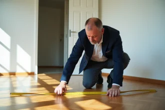 Agent immobilier mesurant un salon lumineux avec un mètre