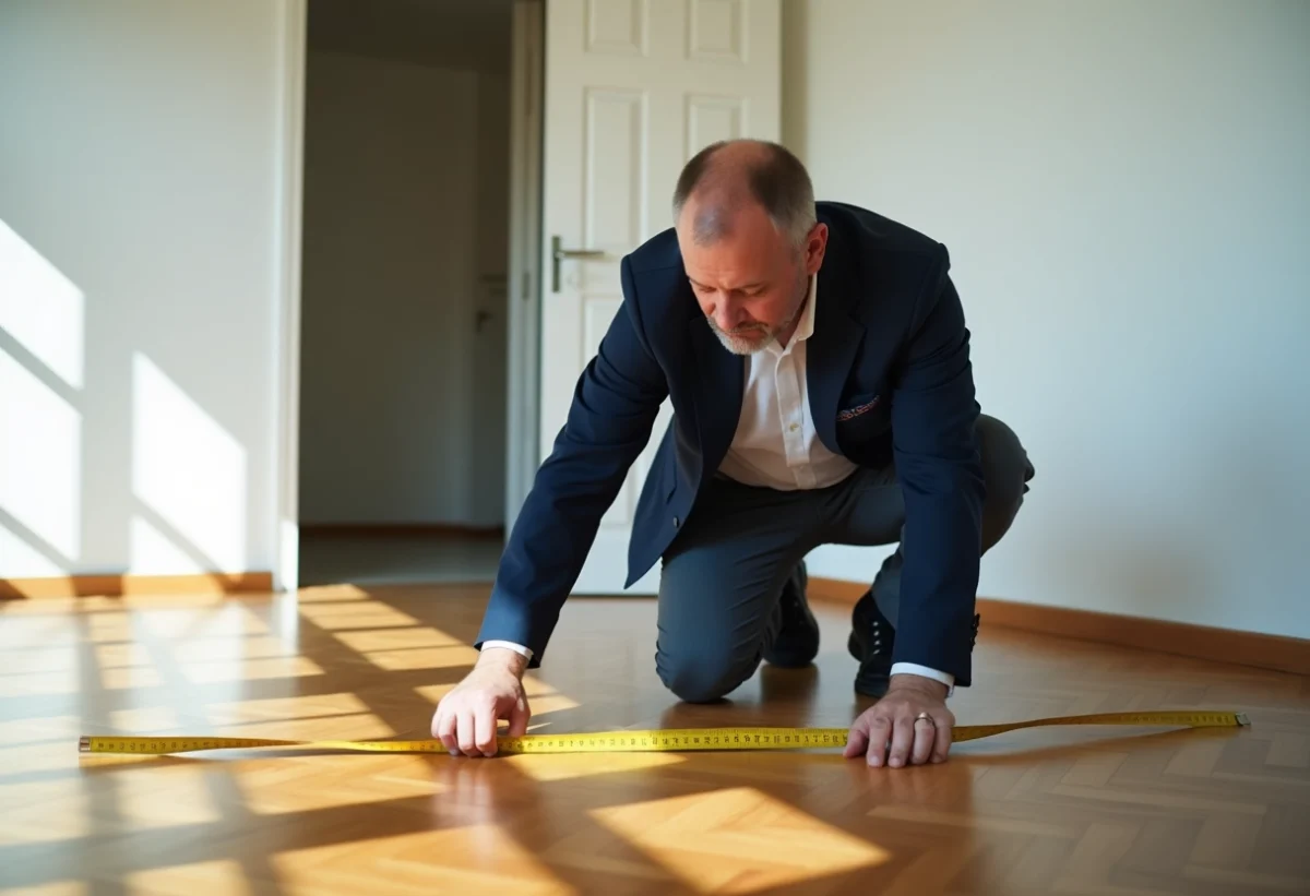 Agent immobilier mesurant un salon lumineux avec un mètre
