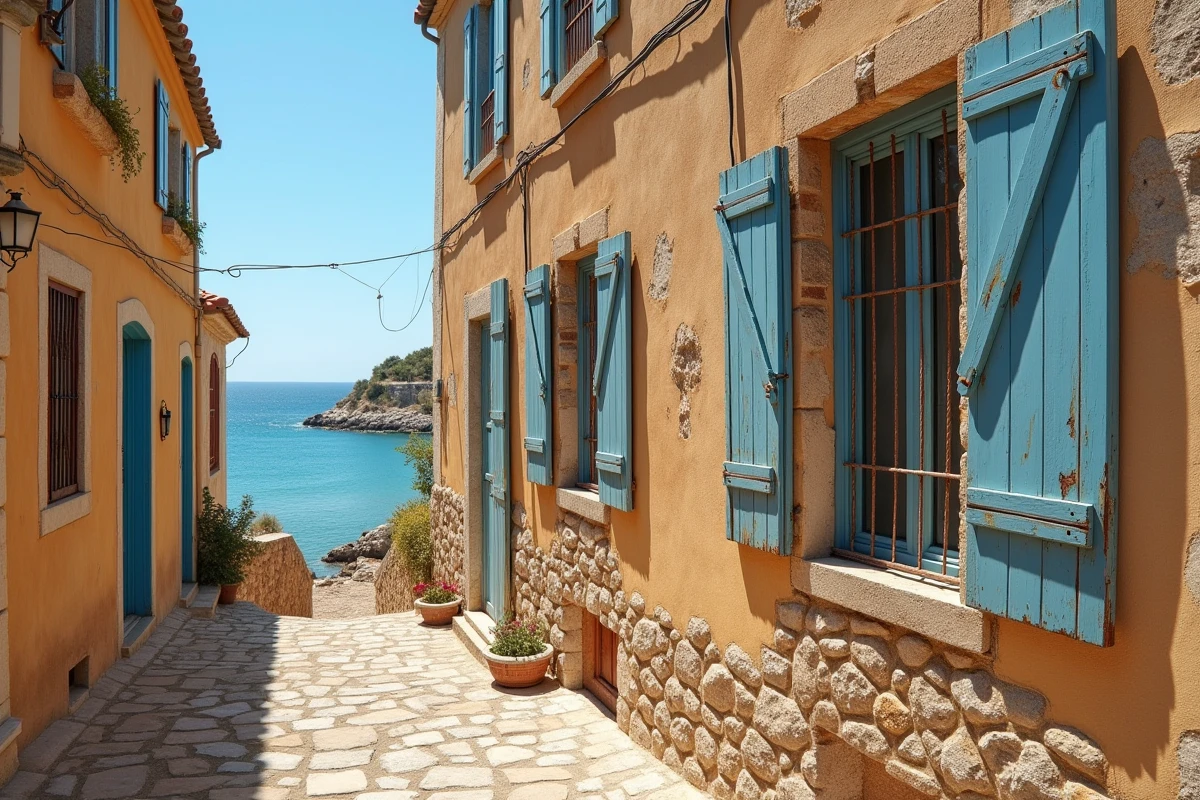 Façade d'une maison de pêcheur méditerranéenne à vendre avec signes de vétusté et vue sur la mer