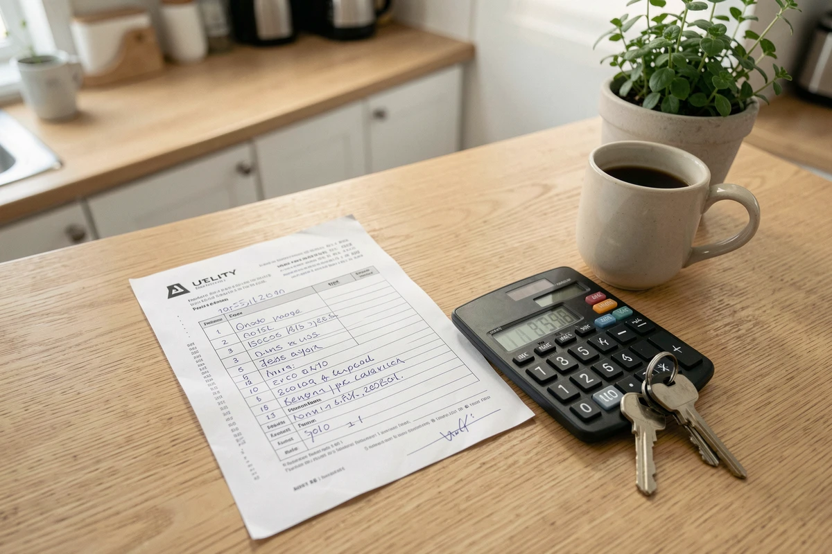 Factures et calcul des charges locatives d'un appartement meublé posés sur un comptoir de cuisine