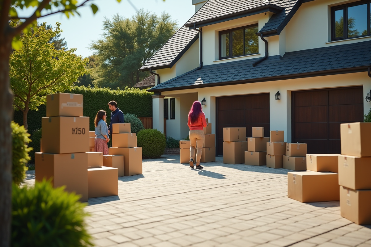 Famille déménageant avec volume de 20m3 en extérieur