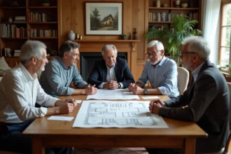 Famille multigénérationnelle réunie autour d'une table pour discuter d'une donation-partage en SCI familiale