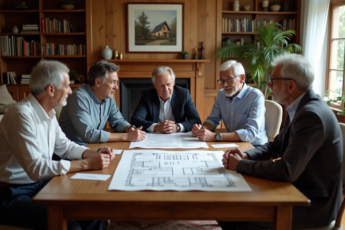 Famille multigénérationnelle réunie autour d'une table pour discuter d'une donation-partage en SCI familiale