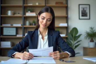 Femme d'affaires en blazer bleu examine un contrat immobilier