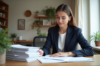 Femme d affaires en bureau moderne avec documents financiers