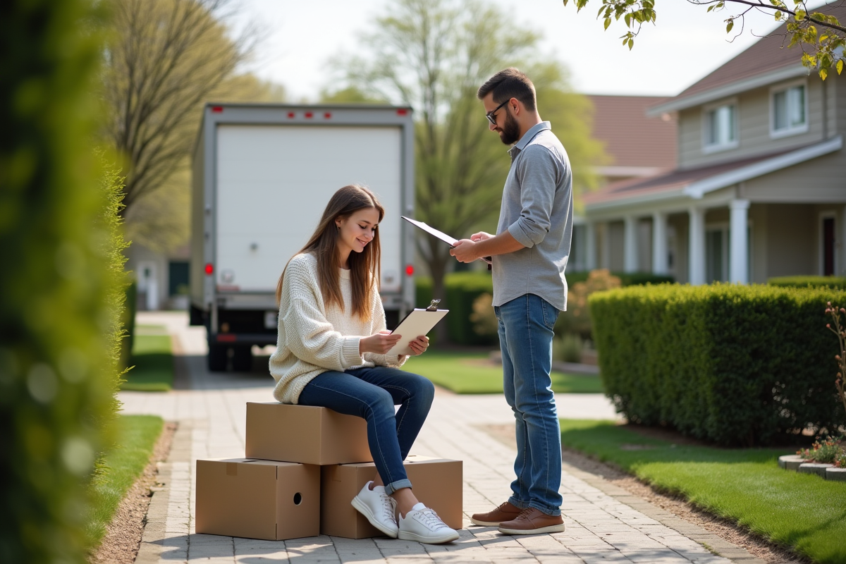 Jeune femme assise devant une maison avec un déménageur à côté