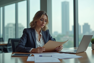 Femme en blazer dans un bureau moderne lors d'une réunion